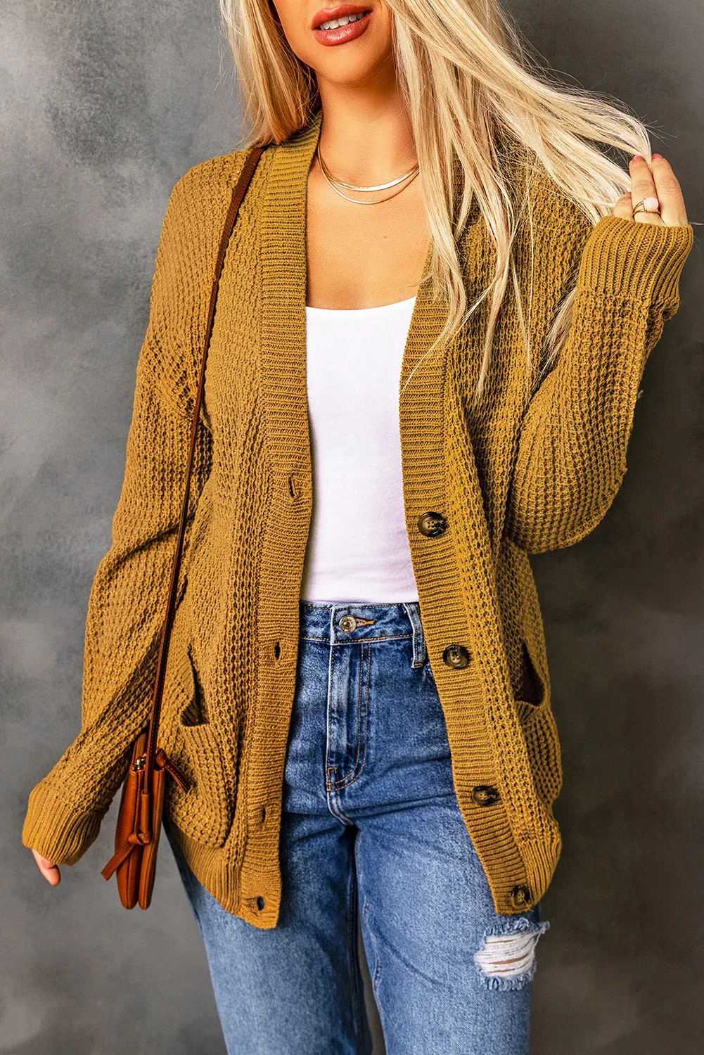 White Label Drop Shoulder Button Down Pocketed Knit V Neck Cardigan Mustard or Green