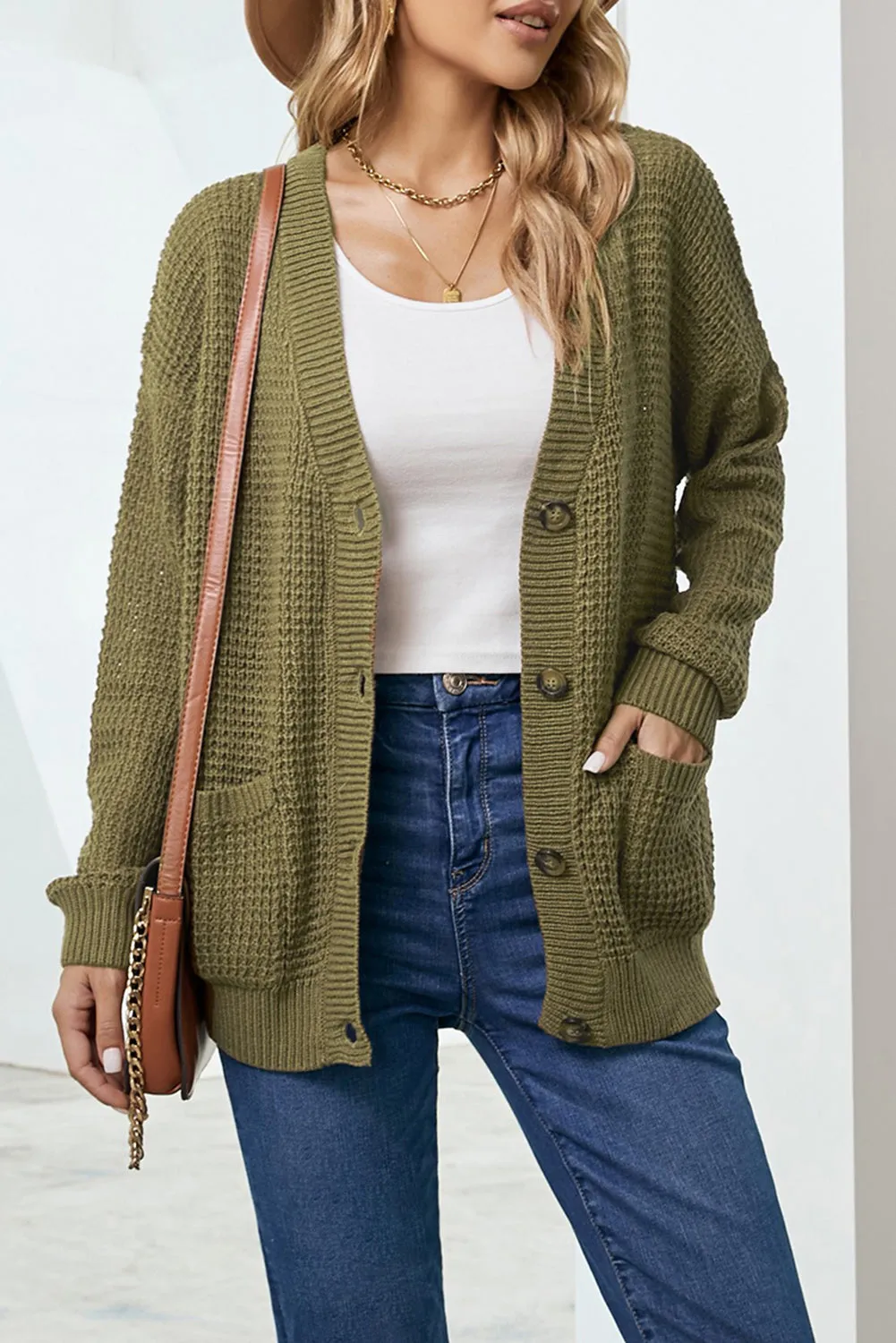 White Label Drop Shoulder Button Down Pocketed Knit V Neck Cardigan Mustard or Green