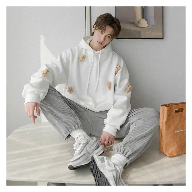 Wiaofellas  -  Men hoodies Homemade autumn casual long-sleeved loose student cartoon three-dimensional white bear sweatshirt men's hooded trend
