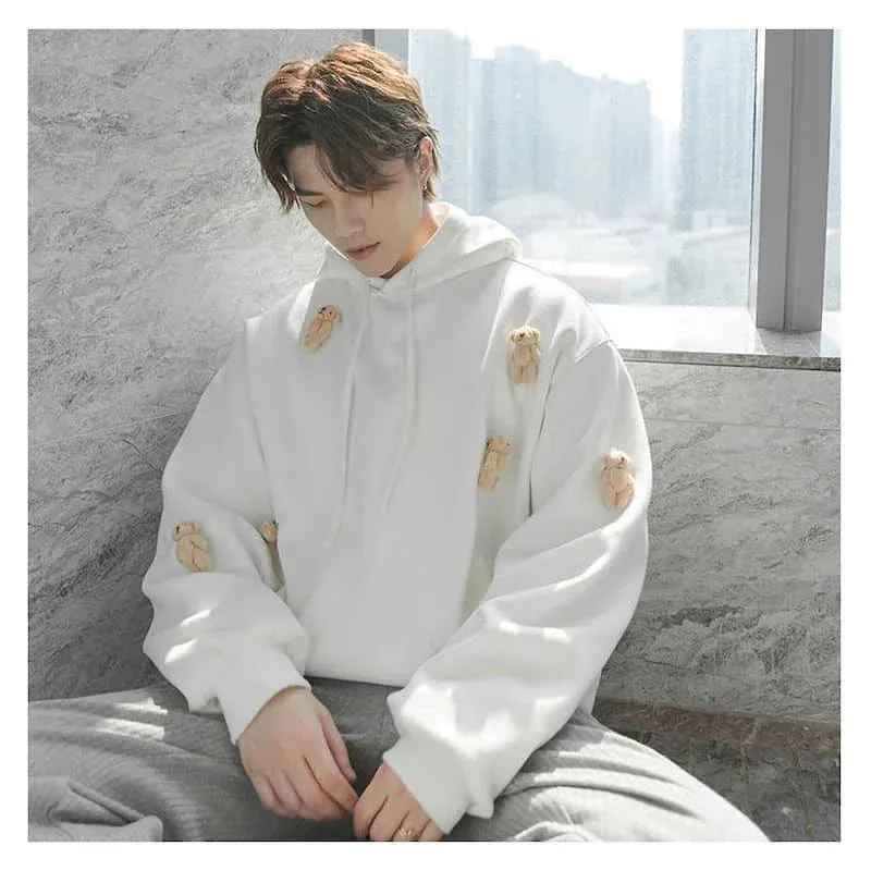 Wiaofellas  -  Men hoodies Homemade autumn casual long-sleeved loose student cartoon three-dimensional white bear sweatshirt men's hooded trend