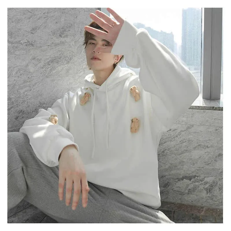 Wiaofellas  -  Men hoodies Homemade autumn casual long-sleeved loose student cartoon three-dimensional white bear sweatshirt men's hooded trend