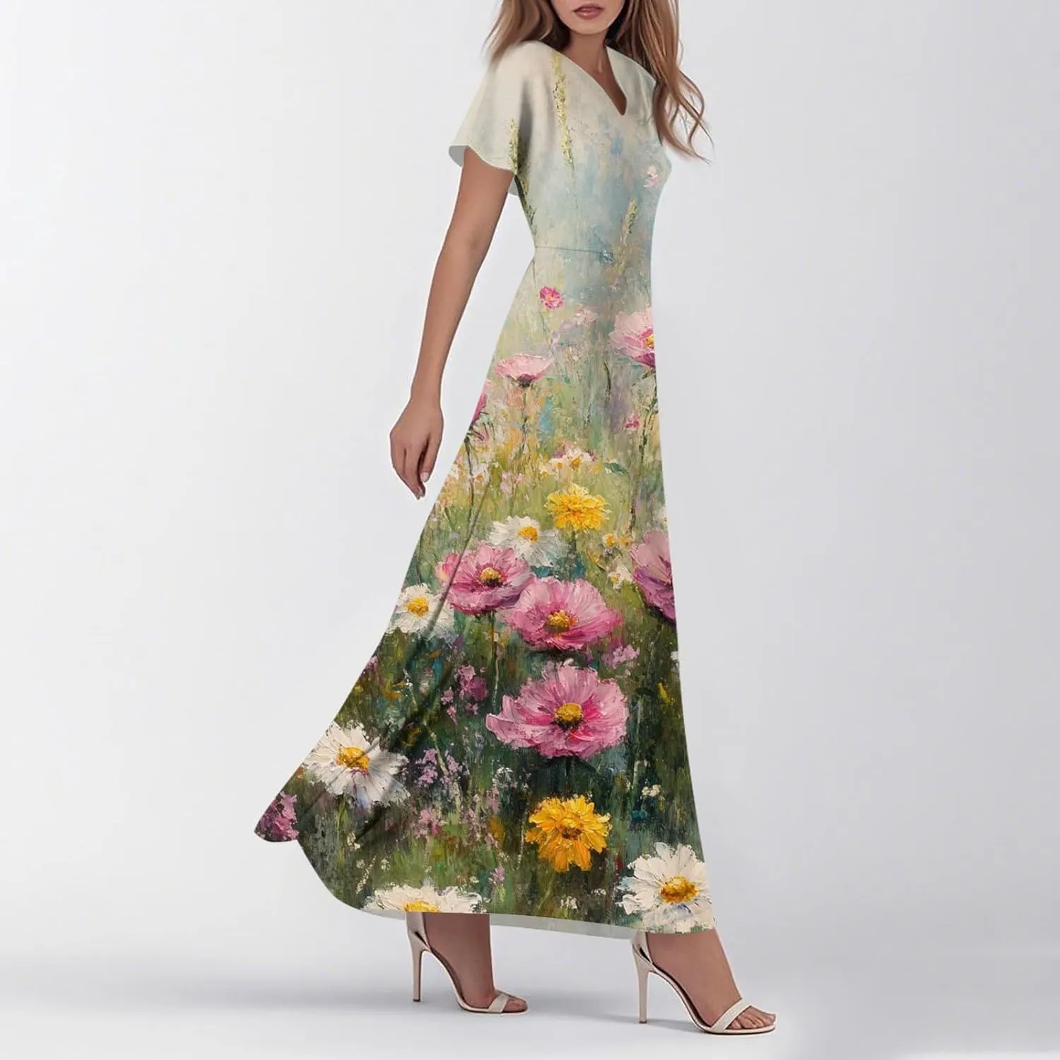 Women's Casual Dresses Summer Loose Trendy Short Sleeve V-Neck Floral Printed Sun Beach Maxi Dress, XS-2XL