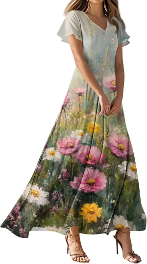 Women's Casual Dresses Summer Loose Trendy Short Sleeve V-Neck Floral Printed Sun Beach Maxi Dress, XS-2XL