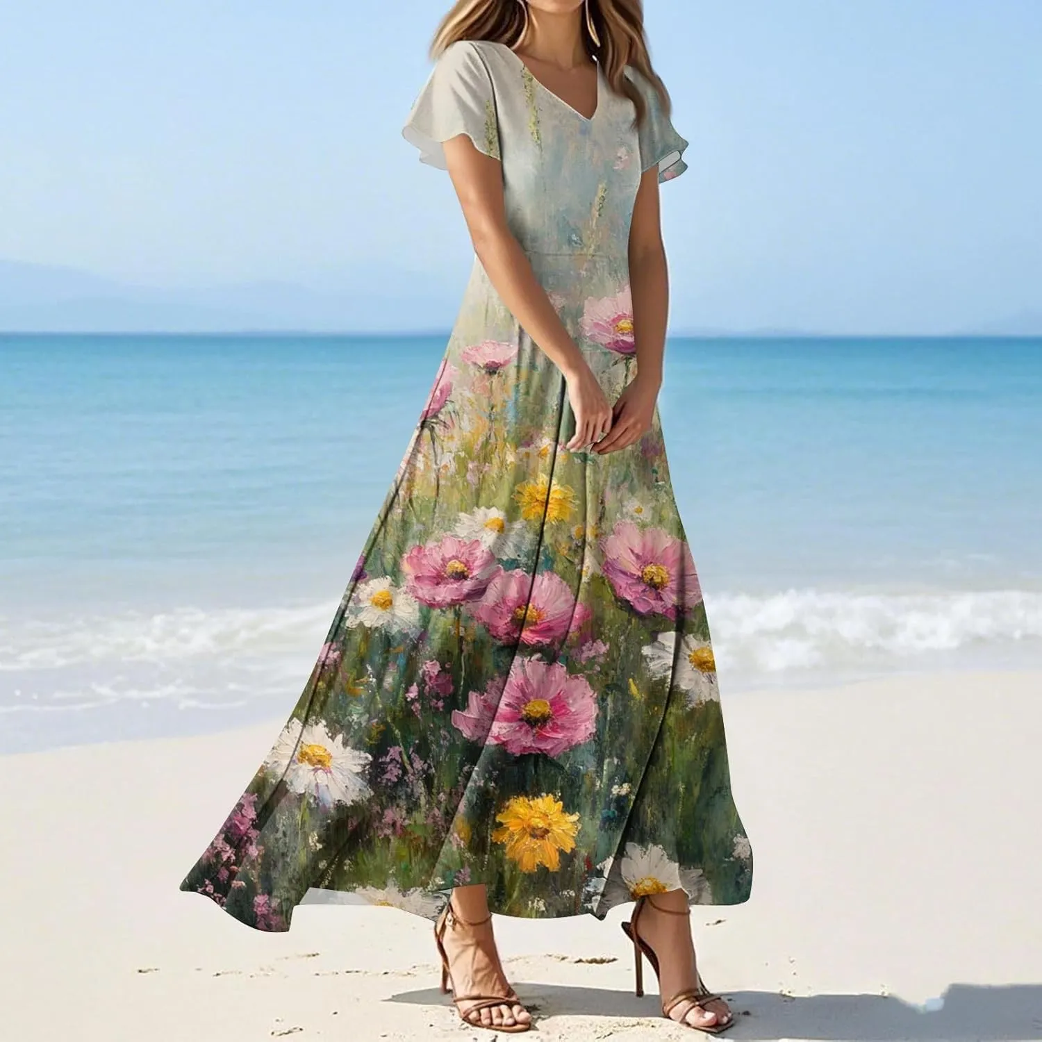 Women's Casual Dresses Summer Loose Trendy Short Sleeve V-Neck Floral Printed Sun Beach Maxi Dress, XS-2XL