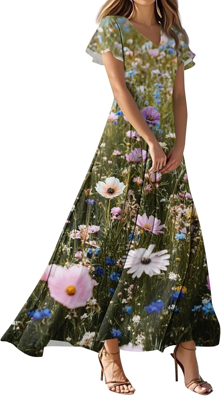 Women's Casual Dresses Summer Loose Trendy Short Sleeve V-Neck Floral Printed Sun Beach Maxi Dress, XS-2XL