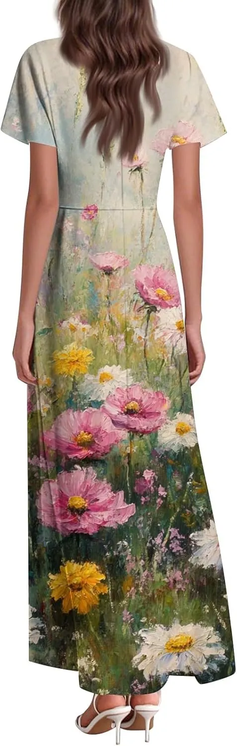 Women's Casual Dresses Summer Loose Trendy Short Sleeve V-Neck Floral Printed Sun Beach Maxi Dress, XS-2XL