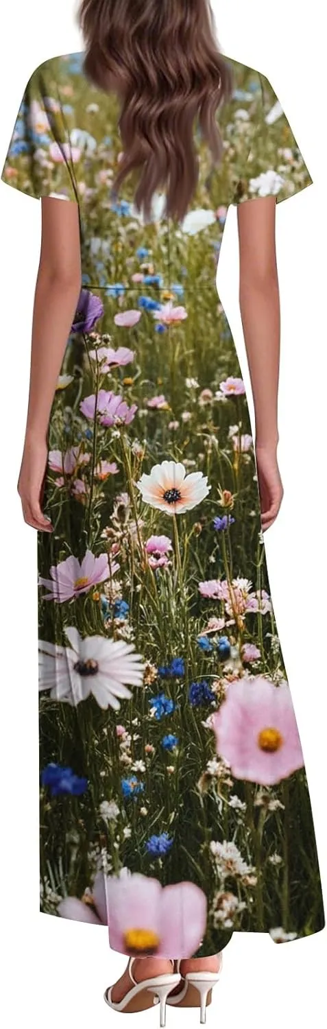 Women's Casual Dresses Summer Loose Trendy Short Sleeve V-Neck Floral Printed Sun Beach Maxi Dress, XS-2XL