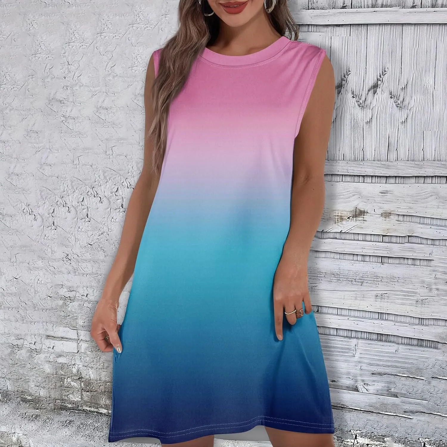 Womens Crew Neck Sleeveless Mini Dresses Printed Beach Vacation Pockets Dress 2025 Summer Casual Loose Sundress