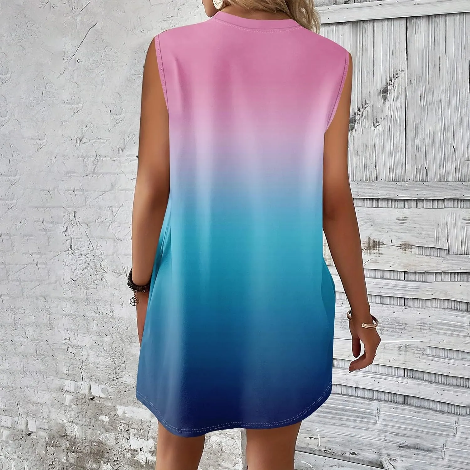 Womens Crew Neck Sleeveless Mini Dresses Printed Beach Vacation Pockets Dress 2025 Summer Casual Loose Sundress