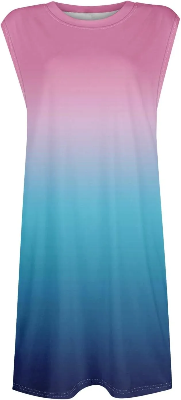 Womens Crew Neck Sleeveless Mini Dresses Printed Beach Vacation Pockets Dress 2025 Summer Casual Loose Sundress