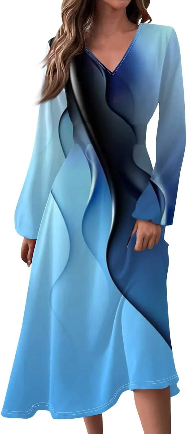 Womens Fall/Winter Dresses Long Sleeve V Neck Dresses Elegant Dresses Trendy Printed Dresses Dresses for Women
