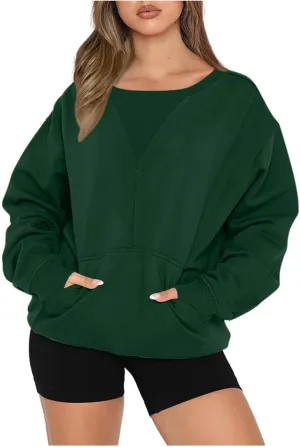 Womens Oversized Long Sleeves Casual Shirts Solid Crewneck Pokets Sweatshirt Pullover Loose Tunic Tops Y2K Clothes