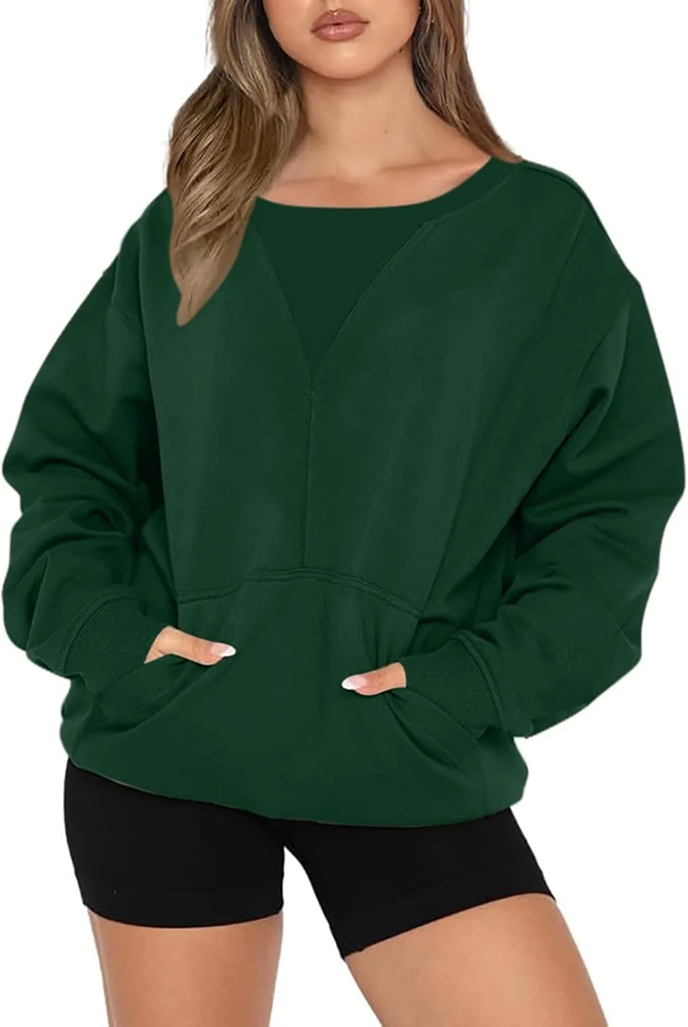 Womens Oversized Long Sleeves Casual Shirts Solid Crewneck Pokets Sweatshirt Pullover Loose Tunic Tops Y2K Clothes