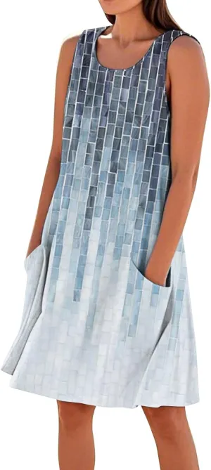 Women's Summer Dresses Sleeveless Round Neck Knee Length Dress Trendy Boho Floral Printed Beach Party Sundresses
