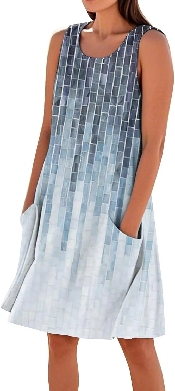 Women's Summer Dresses Sleeveless Round Neck Knee Length Dress Trendy Boho Floral Printed Beach Party Sundresses