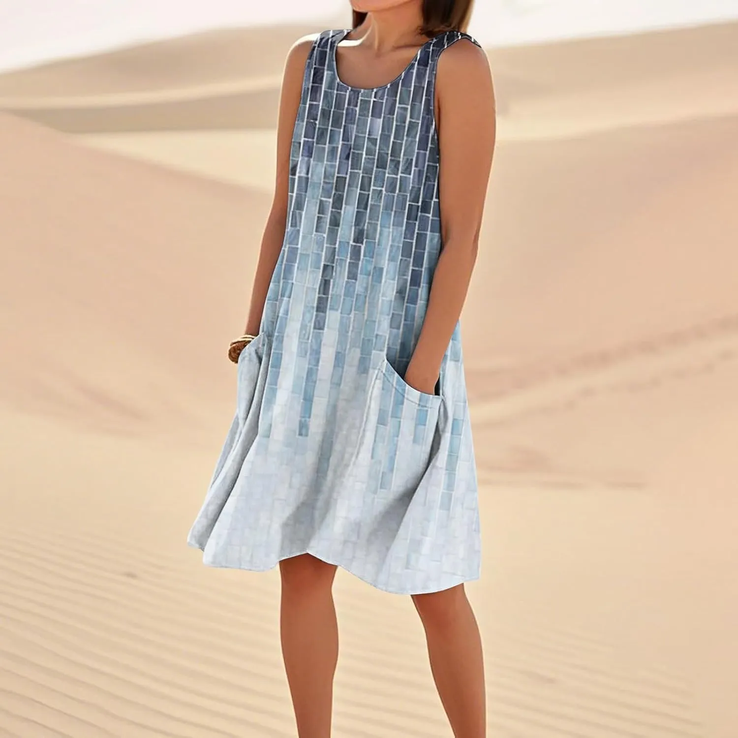 Women's Summer Dresses Sleeveless Round Neck Knee Length Dress Trendy Boho Floral Printed Beach Party Sundresses