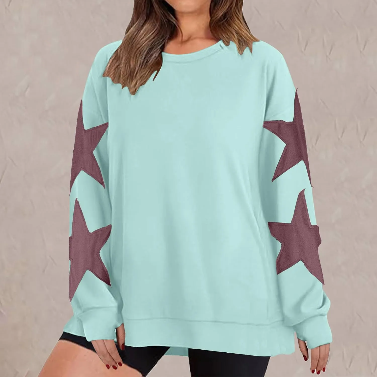 ZDRZK Women's Star Print Sweatshirts Thumb Hole Long Sleeve Crewneck Pullover 2024 Fall Fleece Casual Tops Trendy Y2k
